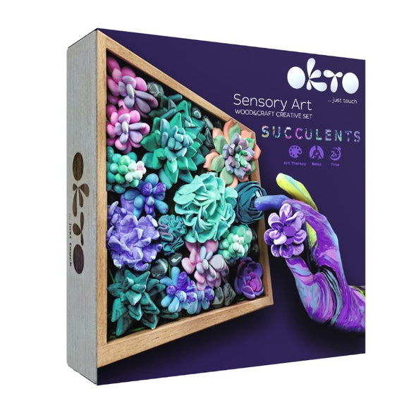 DIY Succulents Clay Kit by OKTO Clay featuring a vibrant assortment of colorful clay succulents arranged in a wooden frame. The kit promotes creativity and sensory art, ideal for relaxation and art therapy activities.