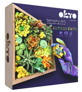 DIY Succulents Energy Wood & Clay kit from OKTO Clay featuring a vibrant display of colorful clay succulents in a wooden frame. The kit promotes creativity, art therapy, and fine motor skills, encouraging users to create their own unique succulent art.
