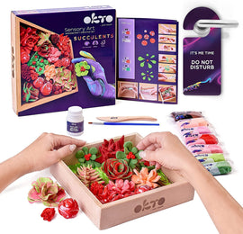 A hands-on DIY kit featuring the OKTO Clay DIY Succulents Clay Kit: Passion. The kit includes colorful clay in vibrant hues, a set of instructions, an acrylic varnish, a paintbrush, and a creative craft tray filled with beautifully crafted succulent shapes. It is ideal for sensory art activities and encourages creativity.