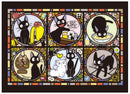 A colorful jigsaw puzzle featuring scenes from the film 'Kiki's Delivery Service.' The design showcases various black cats in different playful poses, surrounded by iconic objects like flowers, food items, and whimsical elements, all arranged in a stained glass style. Perfect for fans of the movie and jigsaw enthusiasts alike.