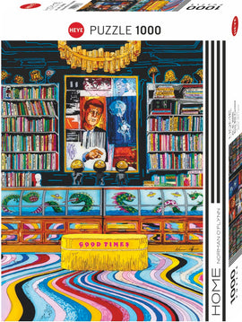 A vibrant 1000-piece jigsaw puzzle titled 'Room With President' by Heye. The illustration features a colorful interior filled with bookshelves, a bold rug, and playful decor that sparks imagination.