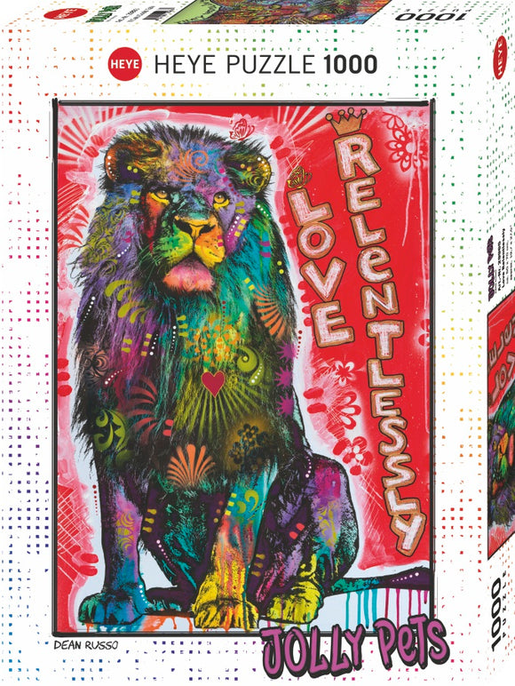 A colorful jigsaw puzzle box featuring a vibrant lion illustration with the words 'Love Relentlessly' prominently displayed. The artwork showcases bold colors and patterns, perfect for animal lovers and puzzle enthusiasts.