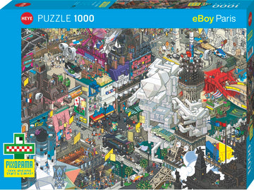 The Paris Quest jigsaw puzzle by Heye features an intricate, colorful illustration of a bustling Paris street scene, filled with playful characters, iconic landmarks, and whimsical elements. The design showcases the creativity of eBoy, inviting puzzlers to dive into a vibrant urban landscape that combines both traditional and futuristic elements.