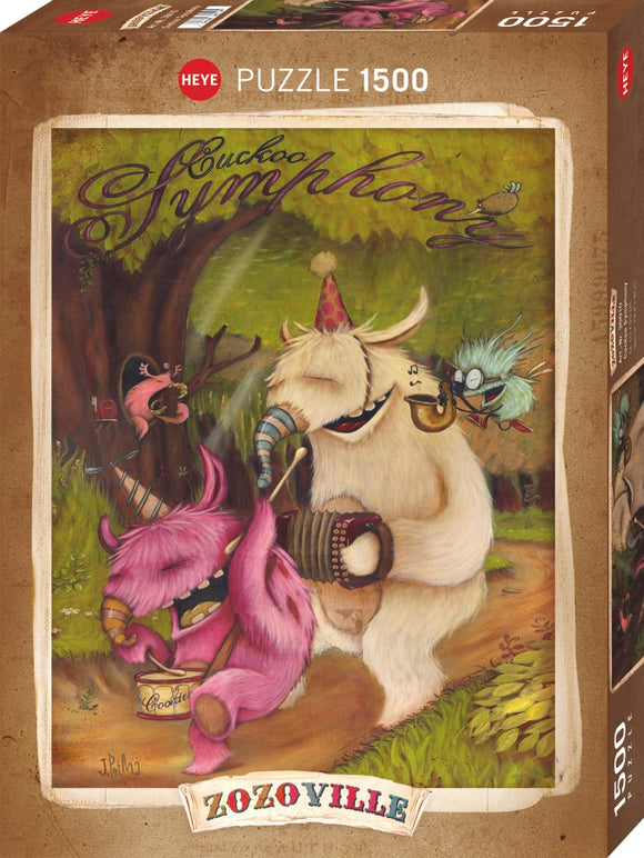 Zozoville Cuckoo Symphony jigsaw puzzle box featuring whimsical characters including a big furry creature playing an accordion, surrounded by colorful cartoon animals. The scene depicts a fun outdoor setting with a tree and musical elements, designed by J. Pohl. The puzzle has 1500 pieces, promising a challenging and enjoyable experience.