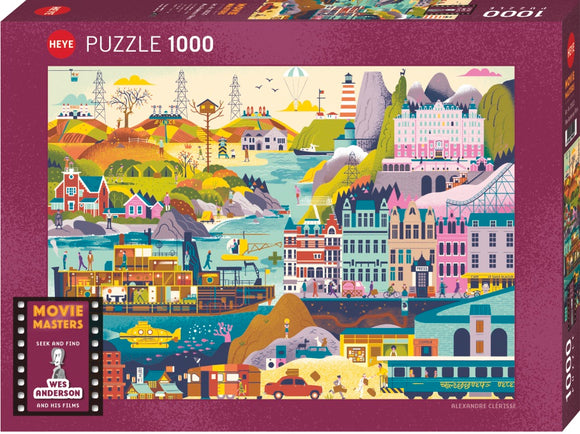 Wes Anderson Films jigsaw puzzle by Heye featuring a vibrant, colorful illustration depicting iconic scenes from various Wes Anderson movies. The design includes whimsical buildings, lush landscapes, charming vehicles, and playful characters, all rendered in a unique, stylized art style. This 1000-piece puzzle offers a delightful challenge for fans of Anderson's films.