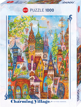 Charming Village jigsaw puzzle by Heye featuring a colorful, whimsical landscape with red arches, quirky architecture, and vibrant trees. The scene is bright and enchanting, perfect for puzzle enthusiasts looking for a delightful challenge.