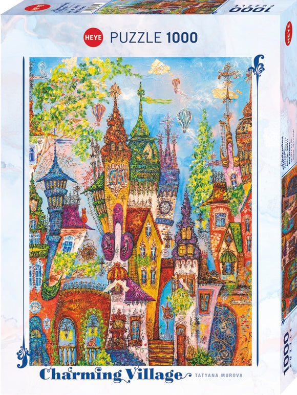 Charming Village jigsaw puzzle by Heye featuring a colorful, whimsical landscape with red arches, quirky architecture, and vibrant trees. The scene is bright and enchanting, perfect for puzzle enthusiasts looking for a delightful challenge.