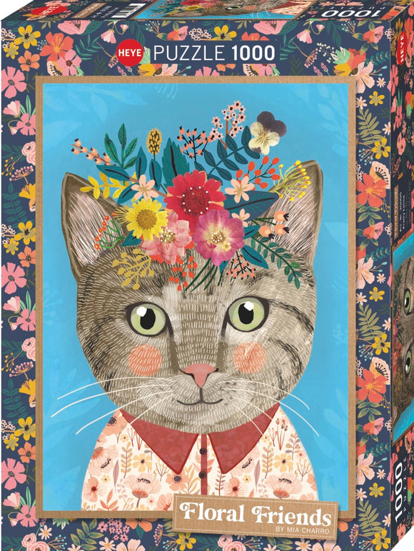 Jigsaw puzzle titled 'Floral Friends' by Heye, featuring an illustrated feline with a floral crown on a vibrant blue background. The cat is depicted in a patterned shirt, surrounded by colorful flowers and greenery.
