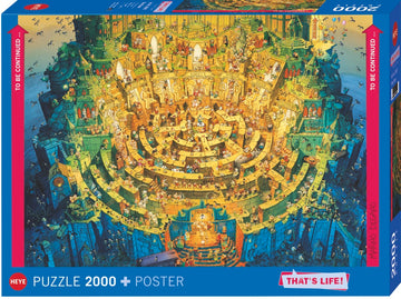 That's Life! Deep Down jigsaw puzzle by Heye featuring an intricate 2000-piece design of a colorful maze filled with whimsical characters and detailed scenery. The box includes a poster and showcases a vibrant landscape that invites puzzlers to explore the depth of the artwork.