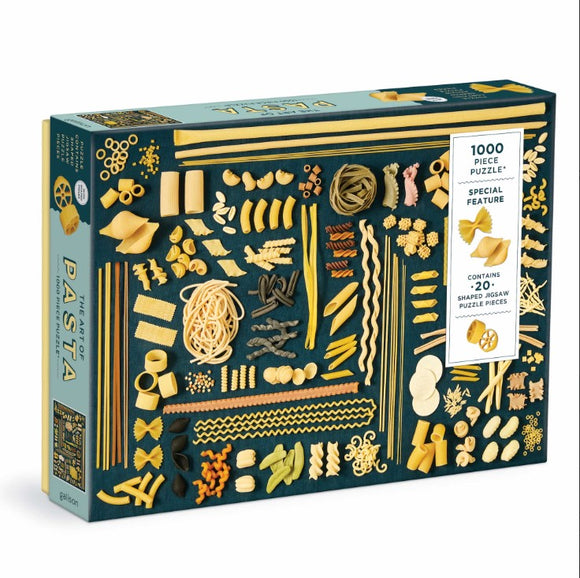 The Art of Pasta jigsaw puzzle box featuring an assortment of pasta shapes arranged artistically. The puzzle includes 1000 pieces with 20 uniquely shaped pieces, ideal for pasta lovers and puzzle enthusiasts.