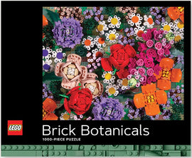 A colorful jigsaw puzzle featuring LEGO Brick Botanicals. The image showcases a vibrant arrangement of various brick-built flowers and plants, including red, pink, and purple blooms, set against a green backdrop. The puzzle includes 1000 pieces and invites creativity and relaxation.
