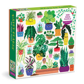 The Happy Plants jigsaw puzzle by Chronicle Books features a colorful design with 500 pieces, showcasing various cute plants in pots. Each plant has a smiling face, and the vibrant illustrations include a variety of greenery such as cacti, ferns, and succulents, arranged in playful settings. Perfect for plant lovers and puzzle enthusiasts alike.