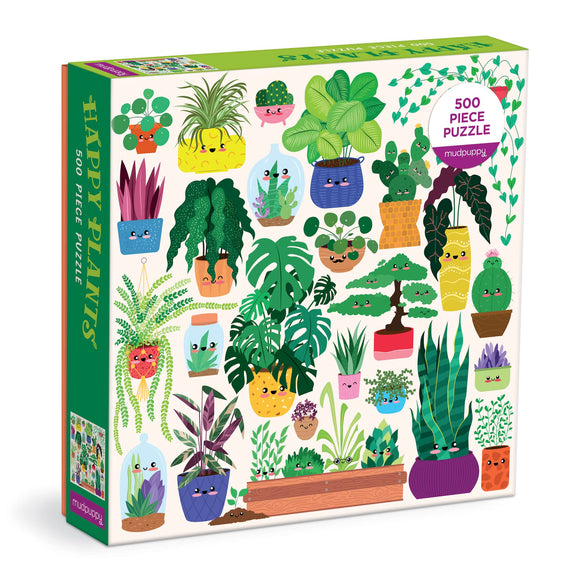 The Happy Plants jigsaw puzzle by Chronicle Books features a colorful design with 500 pieces, showcasing various cute plants in pots. Each plant has a smiling face, and the vibrant illustrations include a variety of greenery such as cacti, ferns, and succulents, arranged in playful settings. Perfect for plant lovers and puzzle enthusiasts alike.