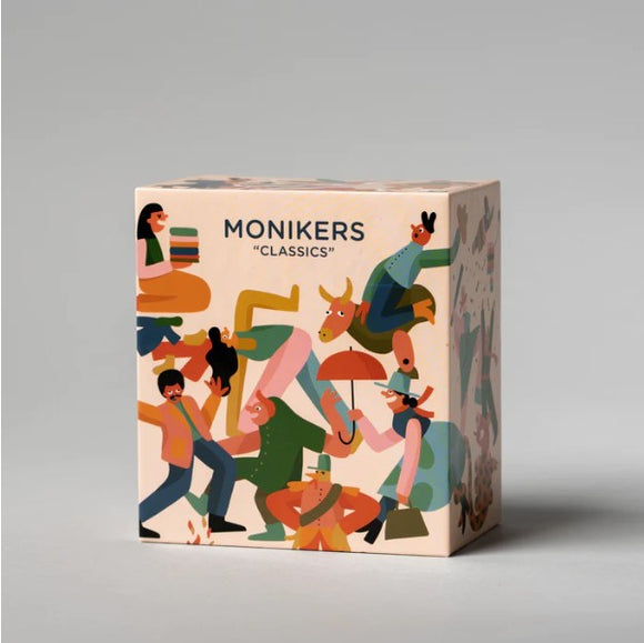 A colorful game box for 'Monikers Classics' by CMYK. The design features various playful illustrations of diverse characters engaged in fun activities, perfect for group entertainment.