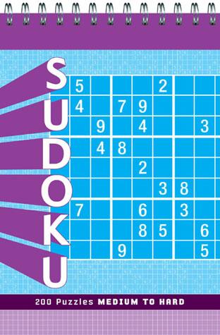 Sudoku Med Hard by Chronicle Books. A spiral-bound book containing 200 medium to hard Sudoku puzzles. The cover features a vibrant blue grid with the word "Sudoku" prominently displayed in white letters, complemented by colorful design elements.