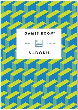 Cover of the 'Sudoku Easy Medium' book by Chronicle Books, featuring a bold geometric pattern of blue and green blocks. The title 'Sudoku' appears prominently in the center, with the text 'EASY MEDIUM' above it, set in a sleek font. Ideal for puzzle enthusiasts looking for engaging brain games.
