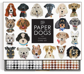 A colorful playing card set featuring illustrated dogs in various breeds, with a distinctive box design showing 'Paper Dogs Playing Card Set' in bold letters. The cards are beautifully decorated in a playful, artistic style, showcasing the charm of each dog, along with a stylish houndstooth pattern design on the box.