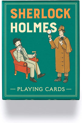A charming deck of Sherlock Holmes playing cards by Chronicle Books. The card box features illustrations of Sherlock Holmes and Dr. Watson, set against a vibrant green backdrop. The title 'SHERLOCK HOLMES' is prominently displayed in bold lettering, making it a perfect gift for fans of mystery and card games.