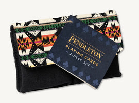 Pendleton Playing Cards featuring a vibrant Native American-inspired design, packaged in a stylish, black fabric case. The product includes two decks of cards designed by Chronicle Books, perfect for family game nights or as a unique gift.