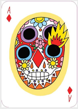 Day of the Dead themed playing card featuring a colorful sugar skull design. The card displays a red diamond in the corner and is embellished with vibrant flowers and intricate patterns, celebrating the Dia de los Muertos tradition.