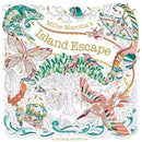 Cover of Millie Marotta's Island Escape coloring book featuring intricate illustrations of tropical flora and fauna, including birds, butterflies, and a large tree. The design is vibrant and detailed, inviting creativity and relaxation.