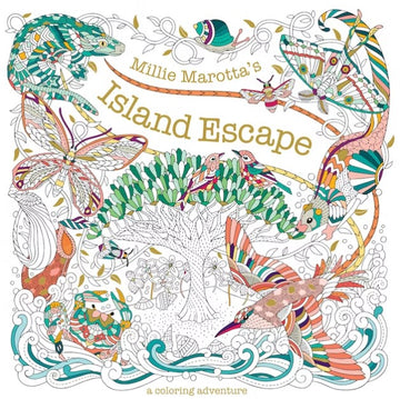 Cover of Millie Marotta's Island Escape coloring book featuring intricate illustrations of tropical flora and fauna, including birds, butterflies, and a large tree. The design is vibrant and detailed, inviting creativity and relaxation.