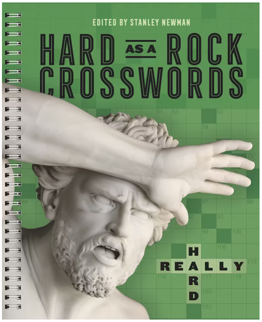 Cover of the book 'Really Hard Hard as a Rock Crosswords' edited by Stanley Newman. The design features a distressed statue-like face with a strong expression, surrounded by a green grid pattern. The title is prominently displayed in bold letters, emphasizing the crossword puzzle theme.