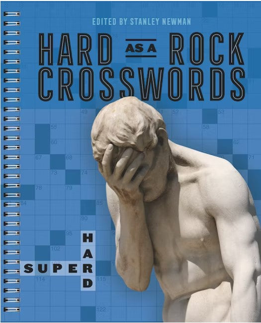 Cover of the Super Hard Hard as a Rock Crosswords book by Union Square & Co. Features a blue background with a large title in bold text. The cover includes a sculpture of a contemplative figure with a hand on its face, suggesting deep thought or frustration. Ideal for crossword enthusiasts seeking a challenging experience.