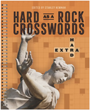 A spiral-bound book titled 'Extra Hard Hard as a Rock Crosswords', edited by Stanley Newman. The cover features a striking design with a classical statue and an orange grid background. The text is bold and prominently displays the title and difficulty level.