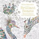Cover of Millie Marotta's Brilliant Beasts book featuring intricate illustrations of various animals, including a colorful peacock and a whimsical sloth amidst lush foliage. The title is prominently displayed in gold, with the subtitle indicating favorite illustrations from coloring adventures.