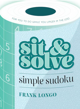 Cover of the 'Sit & Solve Simple Sudoku' book by Frank Longo. The design features a light blue background with a Sudoku grid pattern and the playful title in bold green typography. It is suggested for relaxing moments, perfect for solving puzzles.