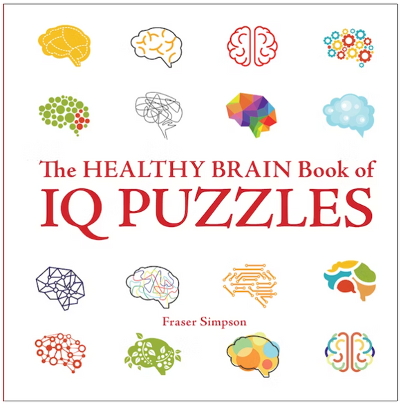 Cover of 'The Healthy Brain Book of IQ Puzzles' by Fraser Simpson, featuring colorful brain-themed illustrations and puzzle icons. The title is prominently displayed in bold red letters.