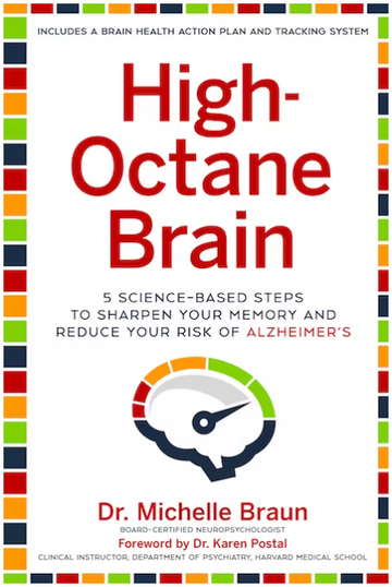 Book cover of 'High-Octane Brain' by Dr. Michelle Braun. The design features vibrant border colors and includes the subtitle '5 Science-Based Steps to Sharpen Your Memory and Reduce Your Risk of Alzheimer's'. It also mentions an included brain health action plan and tracking system.