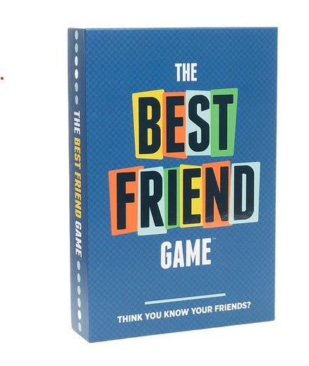 The Best Friend Game by DSS Games. The box features bold, colorful lettering on a blue background, inviting players to test their knowledge of friends with the tagline 'THINK YOU KNOW YOUR FRIENDS?' This game is perfect for parties and gatherings.