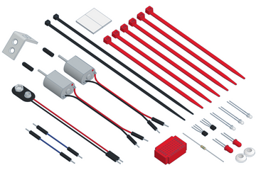A collection of components for the Varikabi Soldering Robotic Kit by Variobot, including motors, connectors, wires, a circuit board, and various connectors. The parts are laid out neatly and color-coded, showcasing a variety of DIY robotic assembly tools for educational and hobby projects.