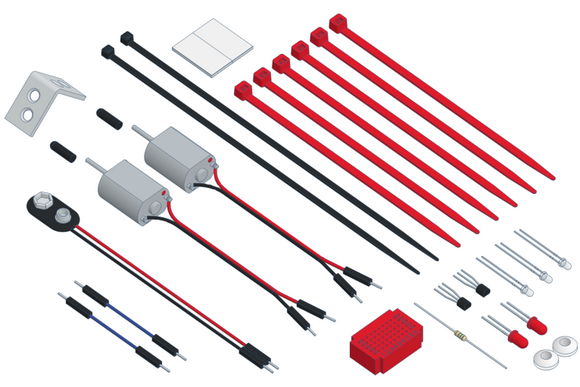 The Varikabi Robotic Critter DIY kit includes several electronic components, such as motors, wires, connectors, and a variety of assembly parts designed for building a light green robotic mouse. The kit features high-quality materials for educational and fun robotics projects.