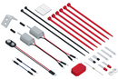 A collection of components for creating a robotic sea lion DIY kit. The image features motors, wires, connectors, and various structural elements in blue and red colors, arranged neatly for assembly.