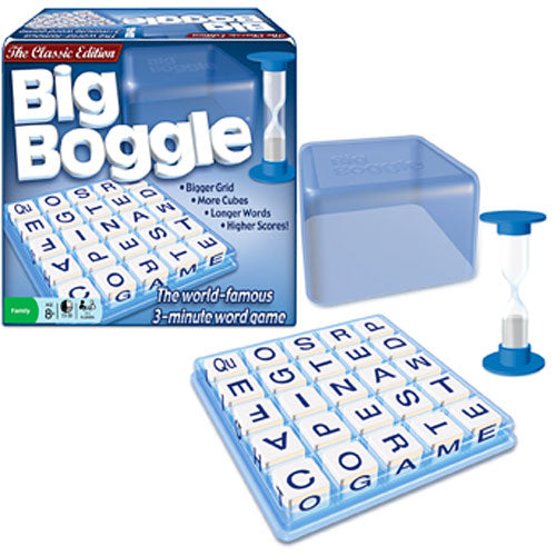 Big Boggle game by Winning Moves featuring a larger grid with more cubes for generating longer words. The game includes a timer and a storage case, making it perfect for family fun and word challenges.