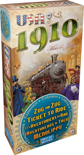 Box image of 'Ticket to Ride: USA 1910 Expansion' featuring vibrant illustrations, including a vintage steam locomotive and characters from the game. The box showcases the 1910 theme with colorful graphics and text in various languages, indicating it's an expansion for the popular board game by Days of Wonder.