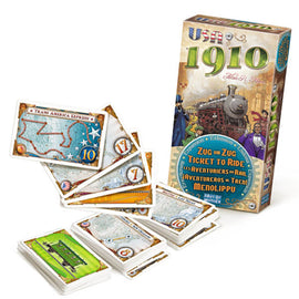 Ticket to Ride: USA 1910 Expansion game box featuring vibrant artwork, card designs, and various route maps for train games, made by Days of Wonder.