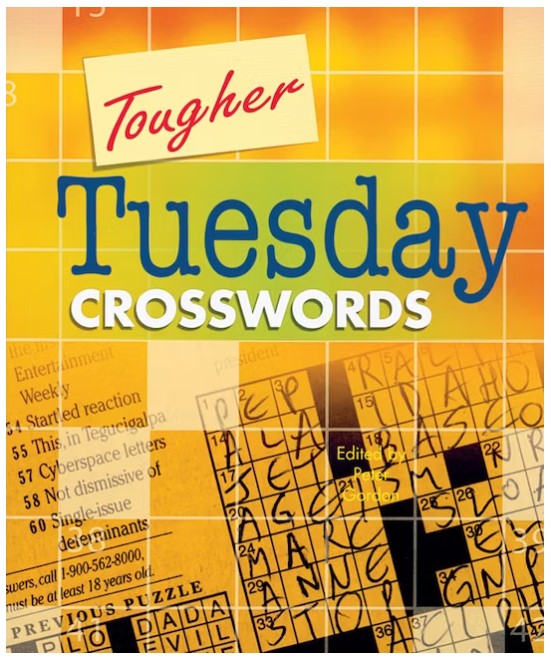 Cover of 'Tougher Tuesday Crosswords', featuring a colorful design with the title prominently displayed in blue and white. The background includes a grid pattern with crossword clues and letters. The book is edited by Peter Gordon and is aimed at crossword enthusiasts looking for challenging puzzles.
