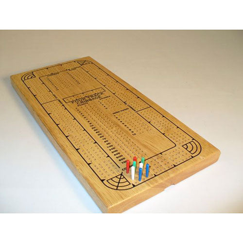 A wooden 4-track cribbage board from John N. Hansen Co. Inc. featuring engraved scoring areas and a set of colorful pegs in red, blue, green, and white, ideal for classic gameplay.