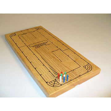 A wooden 4-track cribbage board from John N. Hansen Co. Inc. featuring engraved scoring areas and a set of colorful pegs in red, blue, green, and white, ideal for classic gameplay.