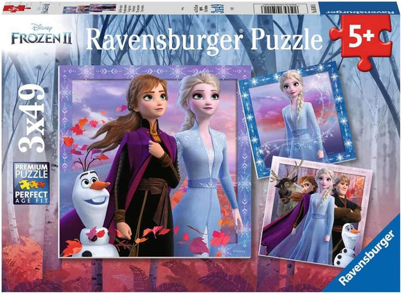 The Journey Starts jigsaw puzzle by Ravensburger featuring characters from Disney's Frozen II. The puzzle includes images of Anna, Elsa, Olaf, and other beloved characters set against a scenic winter backdrop, presented in an engaging box design suitable for ages 5 and up.