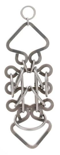 Doozie Tavern Puzzle by Tucker Jones House, featuring a series of interconnected metal loops and links forming an intricate mechanical design. The puzzle is shaped like a vertical arrangement with various shapes including triangles and circles, showcasing craftsmanship in metalwork.