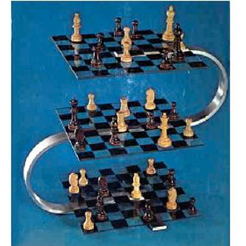 Strato Chess game by John N. Hansen Co. Inc. featuring a unique three-tiered design with black and white chess pieces arranged on spiraling boards. The game combines traditional chess elements with a modern twist, offering an engaging and visually striking way to play.