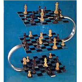 Strato Chess game by John N. Hansen Co. Inc. featuring a unique three-tiered design with black and white chess pieces arranged on spiraling boards. The game combines traditional chess elements with a modern twist, offering an engaging and visually striking way to play.