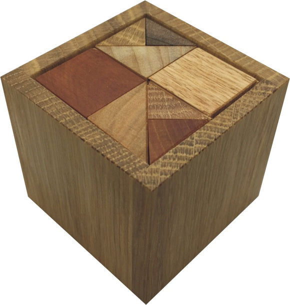 The Eight Houses in Box is a mechanical puzzle made by VINCO. It features a wooden box with a lid revealing a geometric arrangement of colorful wooden pieces. The design includes various shapes like triangles and squares that fit together to create a compact and challenging puzzle. The puzzle showcases intricate wood grains and hues, making it visually appealing and engaging for puzzle enthusiasts.