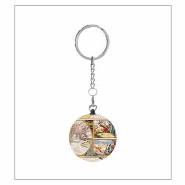 A vintage-style keychain featuring an antique nautical map design on a spherical jigsaw puzzle piece. The keychain is attached to a metal ring and chain, showcasing detailed illustrations of historical maps and nautical themes.