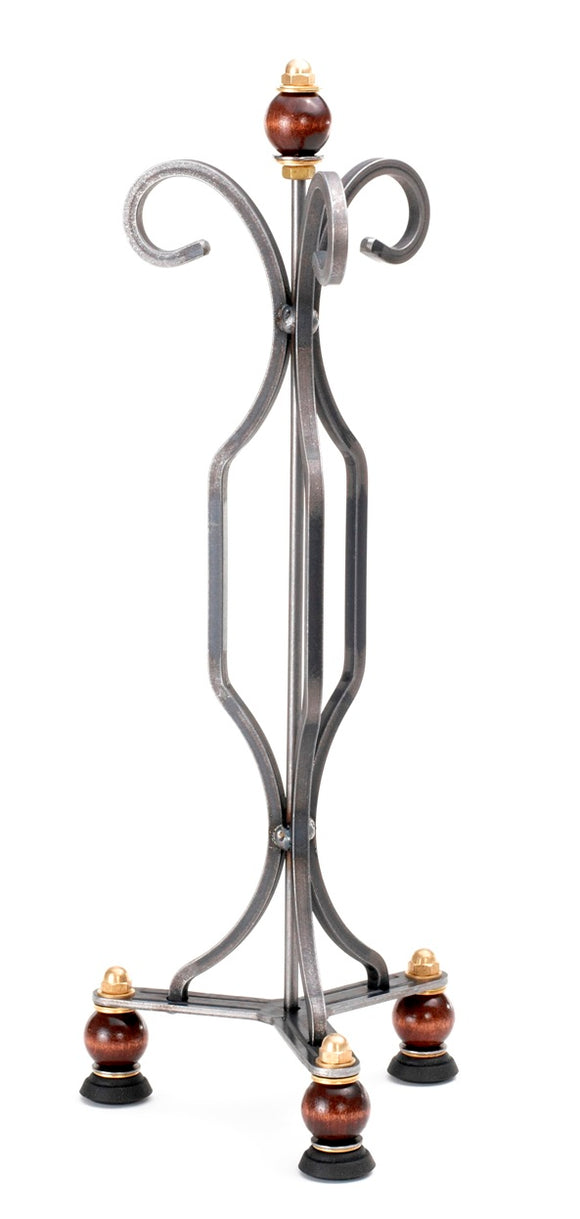 The Tavern Puzzle Stand - Triple by Tucker Jones House features a uniquely designed metal frame with ornate curves and wooden accents. The stand supports mechanical puzzles and showcases a stylish blend of durability and elegance, making it a perfect addition to any puzzle enthusiast's collection.